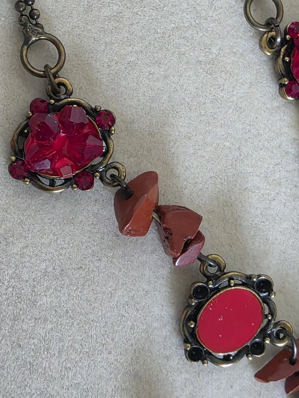 Boho Red Statement Necklace & Earring Set – Antique Brass Tone & Crystal